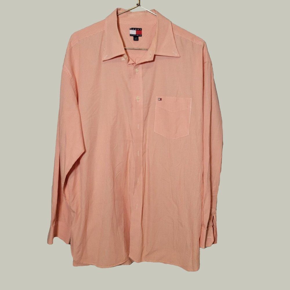 Tommy Hilfiger Mens Button Down Shirt Size XL Long Sleeve Square Pattern Orange